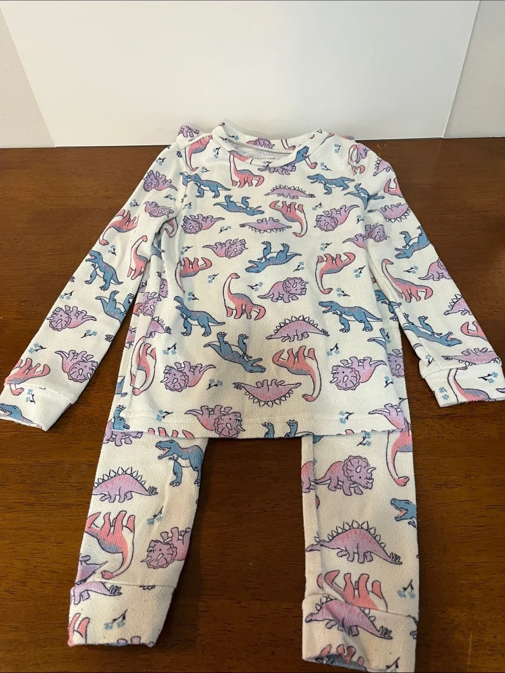 Cuddl Duds Cream Pajama Set with Pink & Blue Dinosaur Print